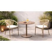 Ensemble bistrot 2 fauteuils style tressé table ronde diam 80cm tropical blanc