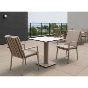 Ensemble bistrot 2 fauteuils table carrée 80cm blanc tissus beige foncé