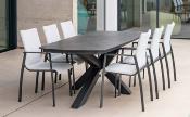 Salon jardin à manger 1 table rectangulaire plateau HPL 6 fauteuils structure anthracite