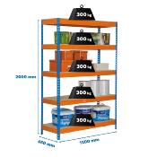 Étagère en métal bleu orange bois 4 étagères 300 kgs dim.2000x1200x450mm sans vis