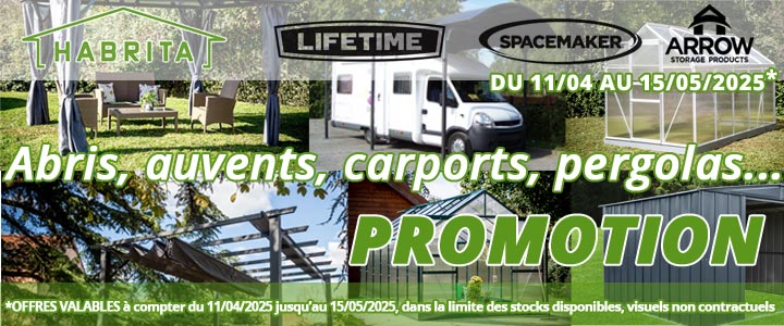 Promotion sur vos marques préférées abris, carport, pergola bioclimatique, niche, poulailler, serre de jardin... chez Bricommerce