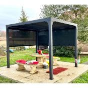 Pergola bioclimatique aluminium anthracite 7.20 m² 2 rideaux 2 côtés