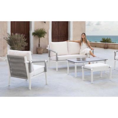 Salon jardin 4 à 6 places sofa 2 places 2 fauteuils table basse 1 pose pieds blanc gris