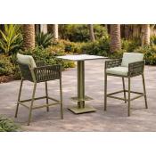 Ensemble bistrot bar 2 fauteuils style tressé table carré 80x80cm vert blanc blanc