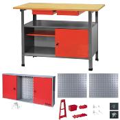 Etabli métal plateau bois 60 x 120 avec armoire de rangement et panneaux muraux perforés