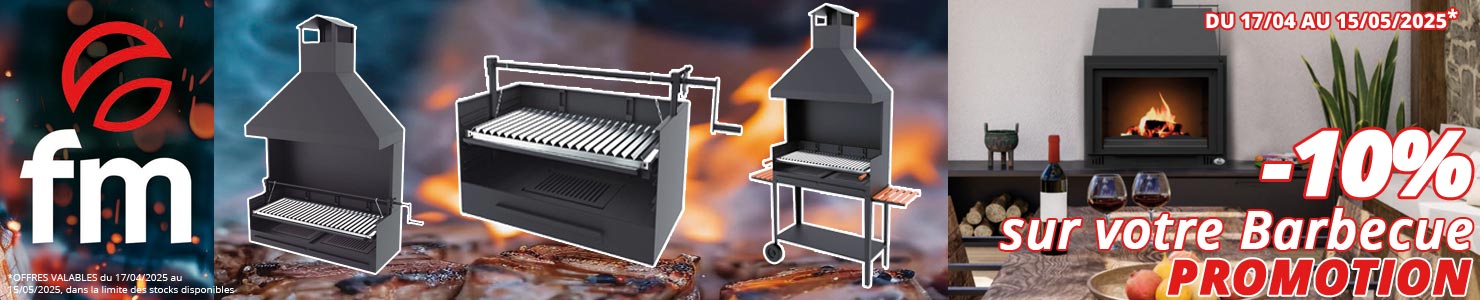 10% de remise sur votre BBQ charbon de bois, ou bois à poser ou encastrer,... chez Bricommerce