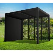 Pergola bioclimatique aluminium anthracite 7.20 m² 4 moucharabieh 1 rideau petit côté