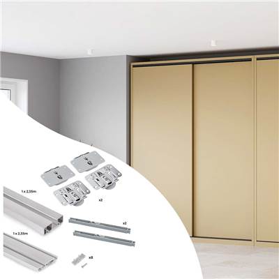 Kit 2 portes coulissantes Flow ferrures armoires fermeture souple rails surface 2,35m anodisé mat