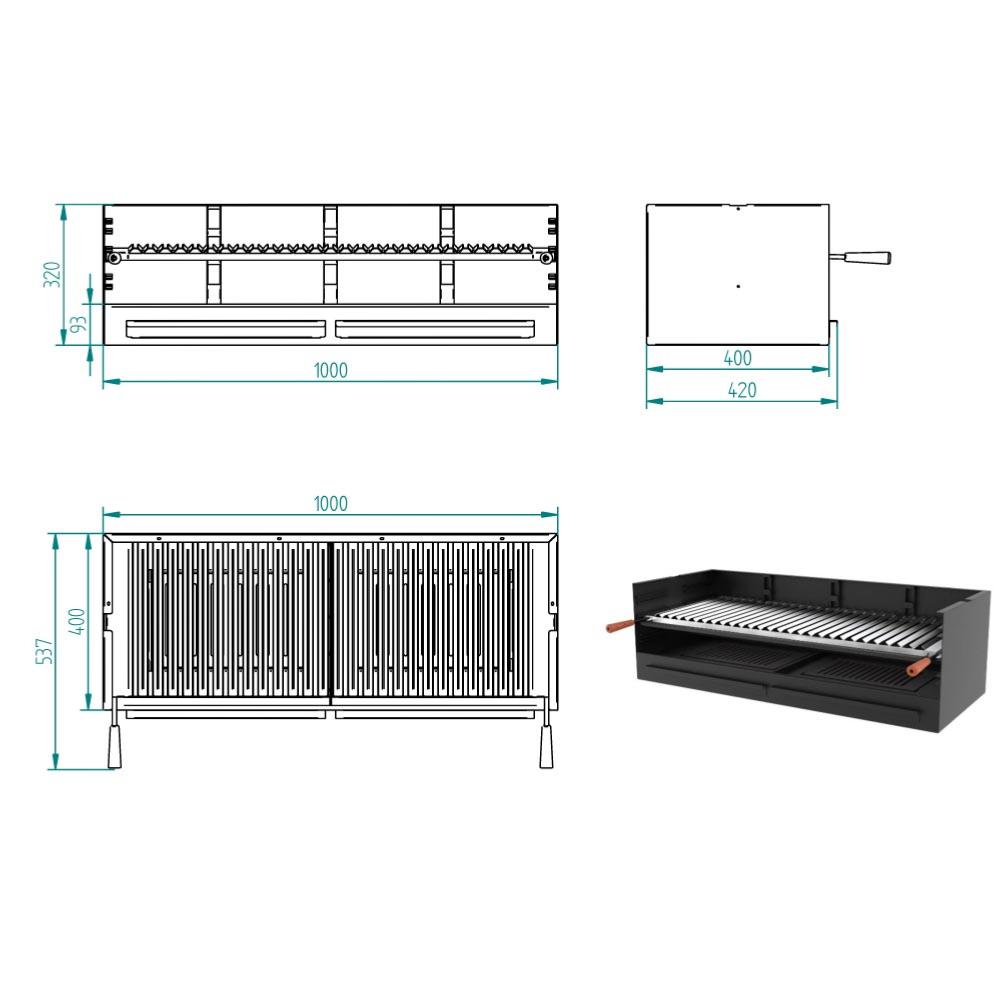 Barbecue BBQ au charbon et bois 100 cm grille INOX - Avec élevateur  paravents et hotte