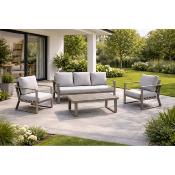 Salon jardin 4 à 6 places sofa 3 places 2 fauteuils table basse champagne gris clair
