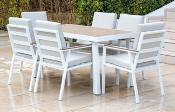 Salon jardin à manger 1 table rectangulaire 157.5cm 6 fauteuils blanc tissus beige