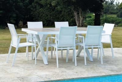 Salon jardin à manger 1 table rectangulaire 180cm imitation Bois 6 fauteuils, blanc