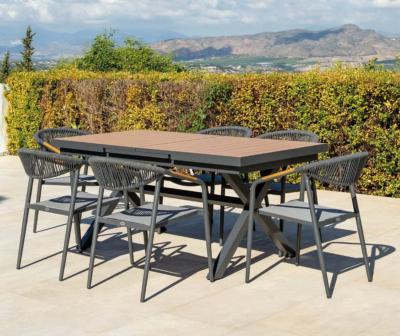 Salon jardin à manger 1 table 180-200cm imit. bois 6 fauteuils anthracite tissus gris