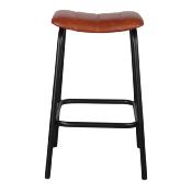 Lot 2 Tabourets style industriel structure tubes d’acier finition noir assise cuir marron