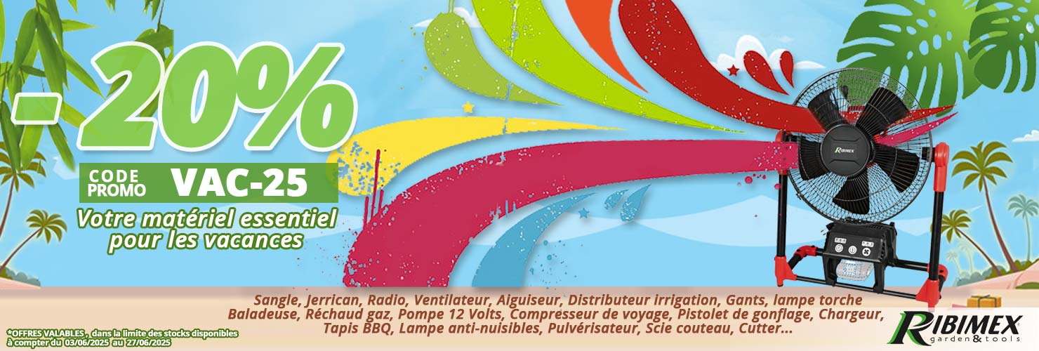 20% de remise sur votre matériel pour les vacances... Ribimex, ventilateur, sangles, lampes torches, baladeuses, bâches légères, réchaud gaz, compresseurs portables... chez Bricommerce
