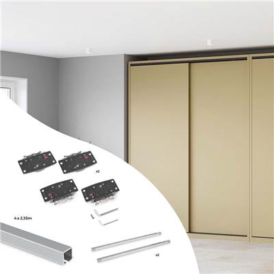Kit ferrures 2 portes coulissantes armoire fermeture souple rails encastrés 2,35m Anodisé mat