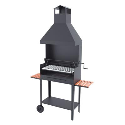 Barbecue charbon de bois 80 cm sur chariot, paravents, hotte et élévateur