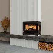 Insert à bois angle 70cm ouverture droite 17kw fonte bûches 62cm sortie 150mm