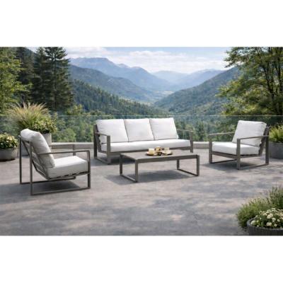 Salon jardin 4 à 6 places sofa 3 places 2 fauteuils table basse anthracite tissus blanc