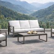 Salon jardin 4 à 6 places sofa 3 places 2 fauteuils table basse anthracite tissus blanc