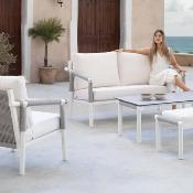Salon jardin 4 à 5 places sofa 2 places 2 fauteuils table basse blanc corde grise blanc