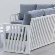 Salon jardin canapé d'angle 4 à 6 places table basse blanc tissus gris foncé
