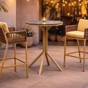 Ensemble bistrot bar 2 fauteuils style tressé table ronde diamètre 80cm
