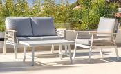 Salon jardin 4 places Sofa 2 places 2 fauteuils structure blanche tissus gris table basse