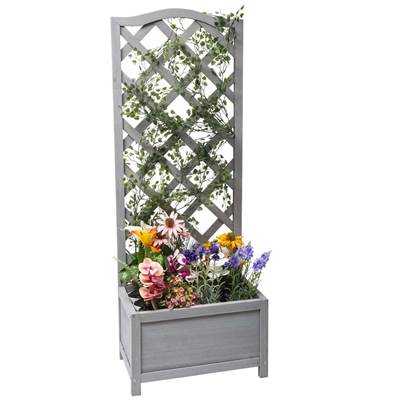 Jardinière en bois de sapin avec treillis 30x45 hauteur 120cm gris