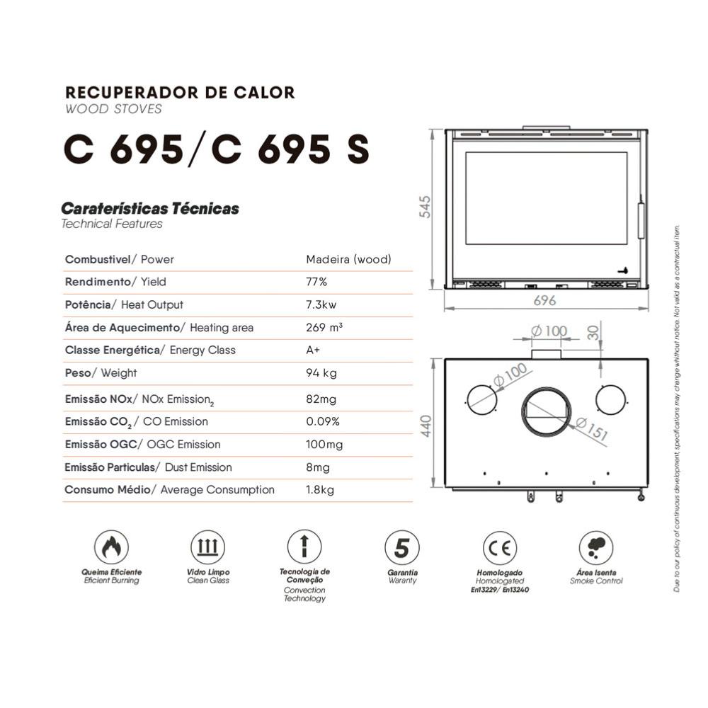 INSERT LAGOS / LAGOS-C-695 porte Battante, 7.3KW, ventilation, foyer Acier  Carbone/Vermiculite