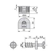 Lot 20 attaches goujons fixation tablette diam. 20mm 12.5mm goujons diam. 6mm 11mm Acier
