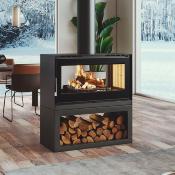 Poêle à bois double face bûcher 18kw vermiculite bûches 75cm sortie 200mm 2 turbines