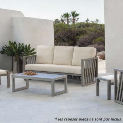 Salon jardin 4 à 6 pl sofa 3 pl 2 fauteuils gris beige table basse