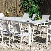 Salon à manger 10 places table extens. 220-300cm 10 fauteuils blanc tissus blanc