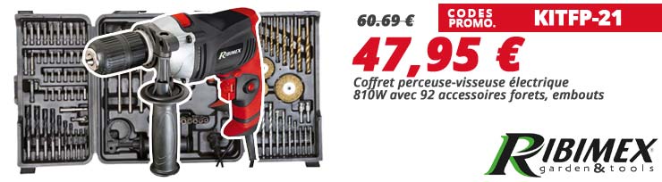 21% de remise avec le code KITFP-21 coffret perceuse-visseuse &eacute;lectrique filaire 810W avec 92 pi&egrave;ces d'accessoires forets, embouts... quantit&eacute; limit&eacute;e chez Bricommerce