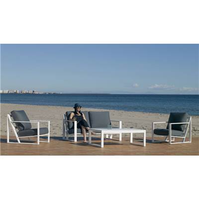 Salon de jardin, canapé, 2 fauteuils, table basse, blanc tissus gris, 4 places ALELI