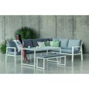 Salon de jardin en angle 5 places blanc gris clair 1 table basse 120cm 1 haute 140cm