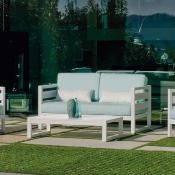 Salon jardin 4 à 5 places sofa 2 places 2 fauteuils 1 table bass blanc artic bleu clair