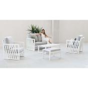 Salon jardin 4 à 5 places sofa 2 pl 2 fauteuils table basse 1  pose pied blanc gris