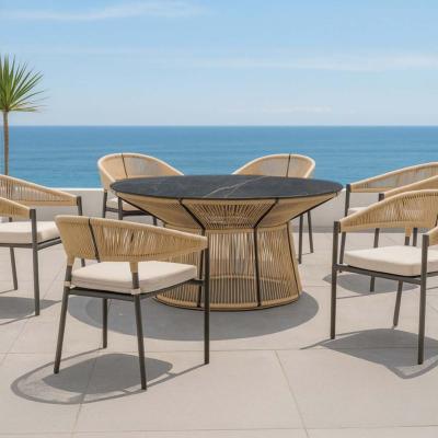 Salon à manger 6 places table ronde 150cm 6 fauteuils anthracite corde or tissus beige