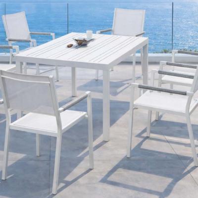 Salon à manger 6 places table rectangulaire 200cm 6 fauteuils blanc tissus blanc