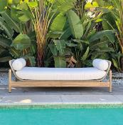 Bain de Soleil bois et Cordes tressées finition bois exotique tissus beige clair 202.5x70x59