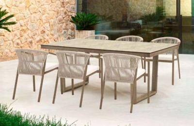 Salon jardin à manger table rectangulaire 200cm 6 fauteuils imit. bois tissus beige
