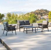 Salon jardin 4 places Sofa 2 places 2 fauteuils structure anthracite tissus gris table basse