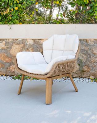 Fauteuil Butaca Imitation bois et résine tressée tissus beige coussin