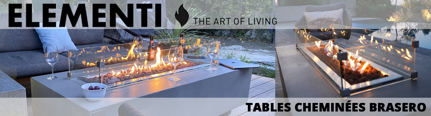 Tables cheminées brasero Elementi, design épuré, pour vos extérieurs et intérieurs facile d'entretien, sans odeur !