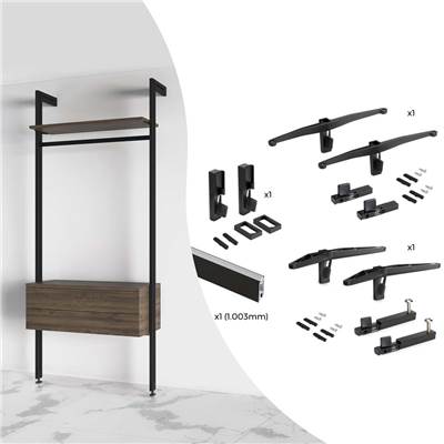 Kit fixation 1 étagère bois 1 mod. 1 tringle suspension long. 1m Zero Zamak noir texturé