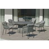 Salon de jardin à Manger table ronde 6 fauteuils cordage, 6 places RHODOS-150-3ARX6