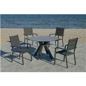 Set Salon de jardin à Manger VALONIA-HPL-120 avec 4xPRISCILA-3 Finition ANTHRACITE/HPL DESIGN PIERRE GRISE ARGENTA Tissus GRIS FONCE TEXTILENE de 4 places