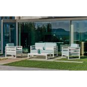 Salon jardin 4 à 5 places sofa 2 places 2 fauteuils 1 table bass blanc artic bleu clair